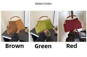 Retro frame shell bags in brown, green, and red showing suede texture and wooden handles