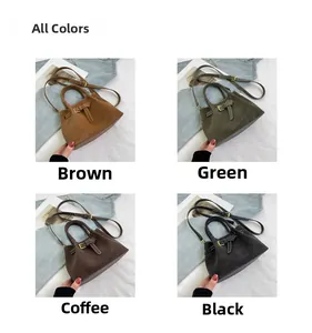 Four color variants of a vintage bucket bag with adjustable straps and buckle detail
