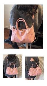 Detailed views of a pink vintage tote bag with detachable strap and textured matte finish