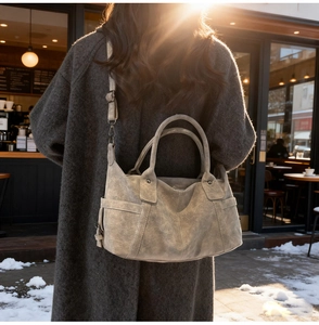 Detail of retro dark grey tote bag with textured leather and adjustable shoulder strap
