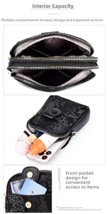 Crossbody bag with three zipper compartments and snakeskin texture showing interior capacity