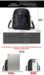 Size comparison chart showing a black snake-patterned crossbody bag next to an iPad and iPhone