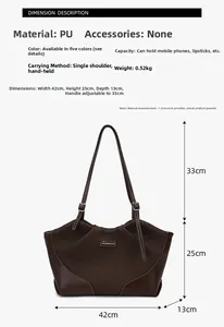 Detail view of large capacity vintage tote bag with dimensions 42x25x13cm in dark brown PU