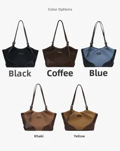 Detailed grid view of large tote bags in five colors with leather trim and nylon body