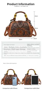 Detail view of vintage embossed floral bag with bamboo handle and sizing comparison