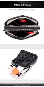 Detail of black faux leather phone bag with animal texture and dual zipper compartments