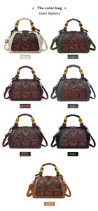 Detailed color palette of retro floral relief handbags with distinctive bamboo-style handles