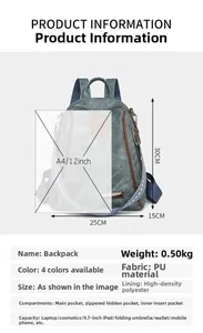 Detailed dimension chart showing 30x25x15cm grey PU leather backpack and internal storage