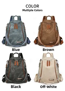 Detail view of large soft leather backpacks in blue, brown, black and off-white colors
