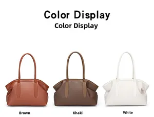 Three large tote bags in brown, khaki, and white leather with side pleat detailing