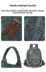 Detail view of a gray soft leather backpack with two-way zippers and adjustable straps
