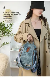 Detailed shot of retro blue PU leather backpack with woven strap and brown zipper pull