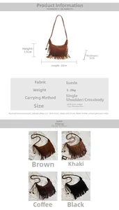 Detailed dimensions and four color options for the faux suede fringe hobo bag