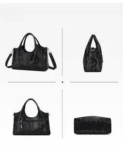 Multiple views showing snake skin texture, back zipper pocket and rectangular base of the bag