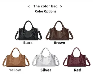 Detailed comparison of faux snakeskin handbags in black, brown, silver, and red colors