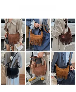Multiple views of suede crescent bag with long tassels and knotted beaded shoulder strap