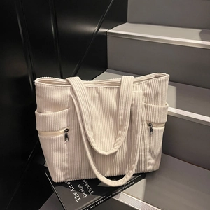 Large beige corduroy tote bag for women with wide handles and a side zipper pocket