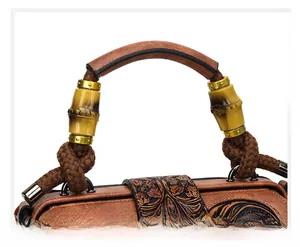 Close-up of retro handbag detail with embossed floral pattern and wood style handle