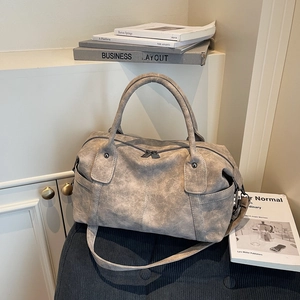 Vintage grey large capacity Boston tote bag with distressed texture and shoulder strap