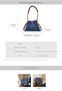 Detail specifications of denim pleated bucket bag showing size and three-way carry style
