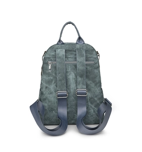 Detail of grey-blue washed canvas backpack showing the back security pocket and straps
