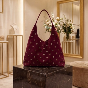 Suede Hobo Shoulder Bag Large Capacity Vintage Rivet Metal Grommet Tote For Women Casual Daily
