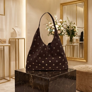 Brown vintage suede hobo bag with gold metal studs and large capacity shoulder strap