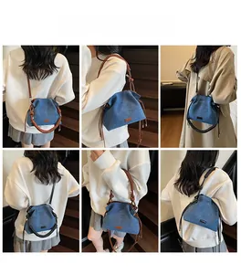 Collage of denim cloud bag featuring woven handles and drawstrings worn by a model