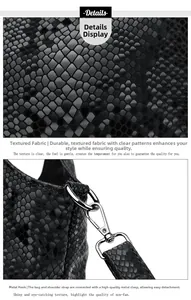 Detail view of black snakeskin texture fabric and silver metal hook for shoulder bag