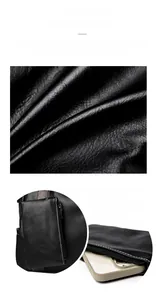 Detail of black wax leather tote bag with a detachable small matching coin purse