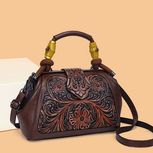 Floral Embossed Handbag Retro PU Leather Shoulder Crossbody Bag With Bamboo Handle Vintage Ethnic Style For Women