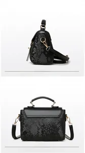 Detail views of black snakeskin embossed crossbody bag with gold hardware and side zipper