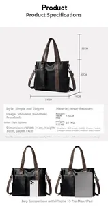 Infographic showing dimensions and internal storage of the black lychee pattern tote bag