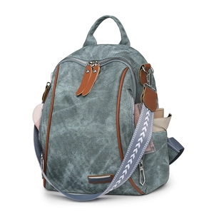 Vintage grey-blue large capacity backpack for women with brown leather trim and woven strap