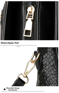 Detail of glossy gold zipper pull and detachable lobster clasp on black textured bag