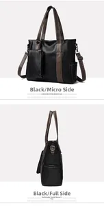 Detail of black pebbled leather tote bag with brown contrast strap and hanging pouch