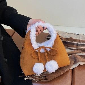 Women Vintage Suede Handbag Crossbody Bucket Bag With Faux Fur Trim Bow Pom Poms Autumn Winter Fashion Elegant Niche