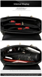 Interior detail of a black leather crossbody bag showing main pockets and zipper compartments