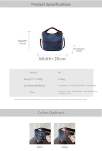 Detailed dimensions of the denim bucket bag featuring leather trim and detachable strap