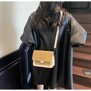 Dettaglio della borsa a tracolla retrò bicolore con scritta FASHION & BAGS e patta