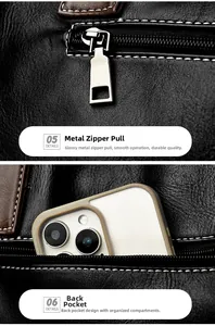 Close-up of a soft leather tote bag showing the rear zipper pocket for smartphone storage