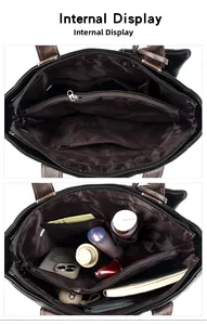 Detail of spacious tote bag interior featuring functional compartments and dark brown lining