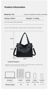 Detailed sizing chart and capacity guide for large soft PU leather tote with dimensions
