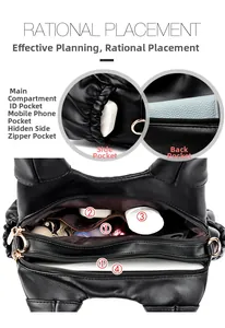 Vue détaillée de l'intérieur du sac plissé noir avec plusieurs compartiments de rangement