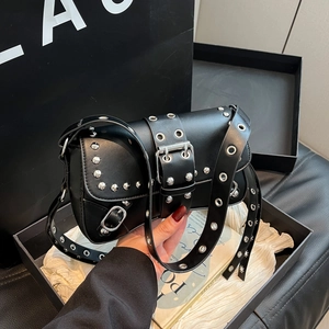 Women Baguette Underarm Bag PU Leather Punk Rivet Eyelet Silver Metal Buckle Y2K Gothic Motorcycle Style Shoulder Bag