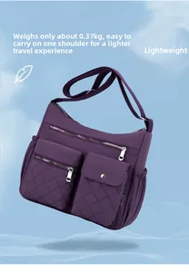 Deep purple nylon crossbody bag detail showing 0.37kg lightweight design and quilted fabric