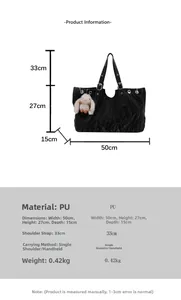 Detailed size chart for the oversized PU leather tote bag with product dimensions