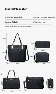 Detailed size chart of a black 6-piece handbag set featuring crocodile texture PU leather