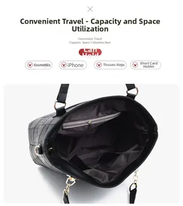 Detail view of large black tote interior showing zippered pocket and organized compartments