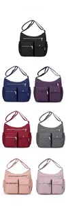 Multiple views of large capacity nylon crossbody bags showing seven different color options